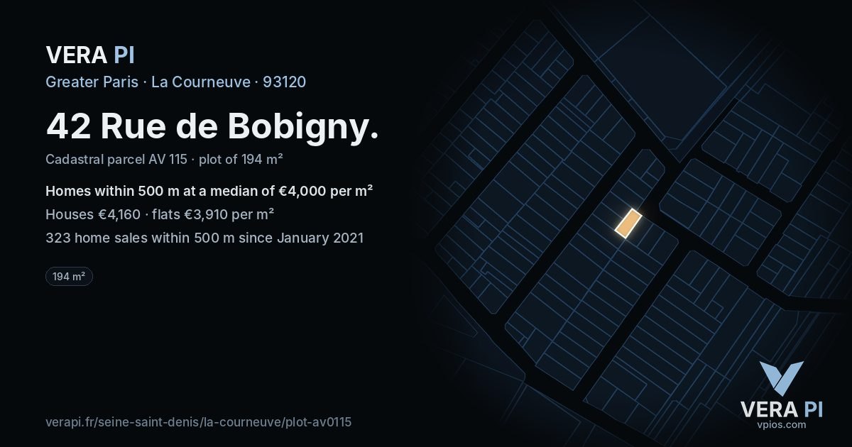 42 Rue de Bobigny, La Courneuve at night – the plot lit, the parcels around coloured by the prices near them