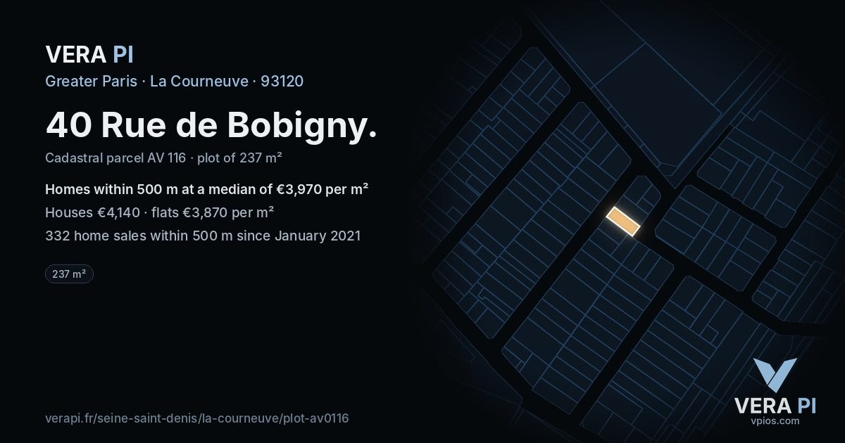 40 Rue de Bobigny, La Courneuve at night – the plot lit, the parcels around coloured by the prices near them