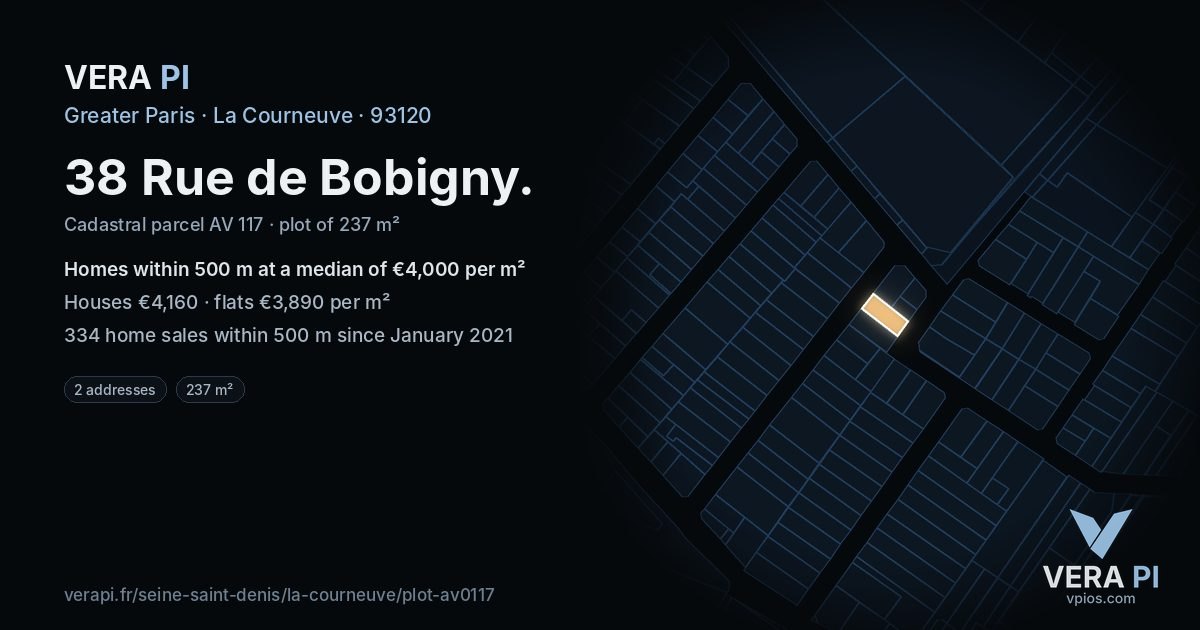 38 Rue de Bobigny, La Courneuve at night – the plot lit, the parcels around coloured by the prices near them