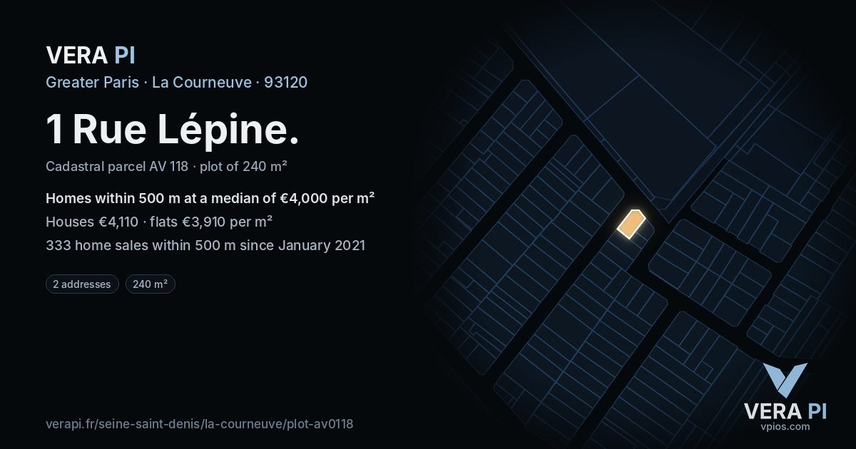 1 Rue Lépine, La Courneuve at night – the plot lit, the parcels around coloured by the prices near them