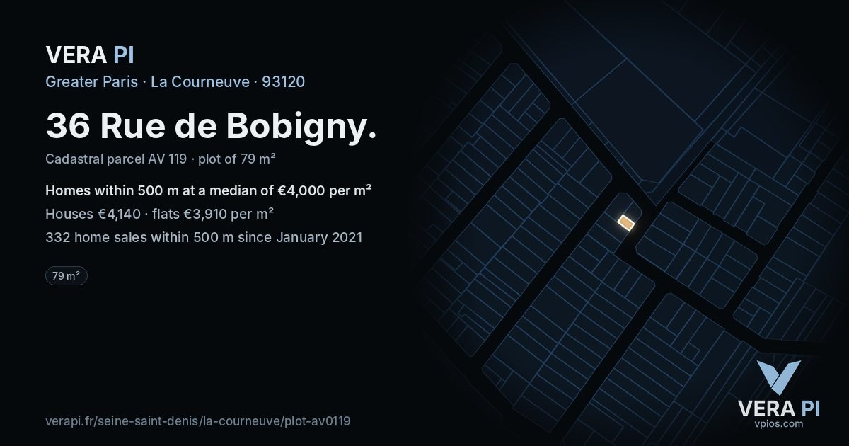 36 Rue de Bobigny, La Courneuve at night – the plot lit, the parcels around coloured by the prices near them