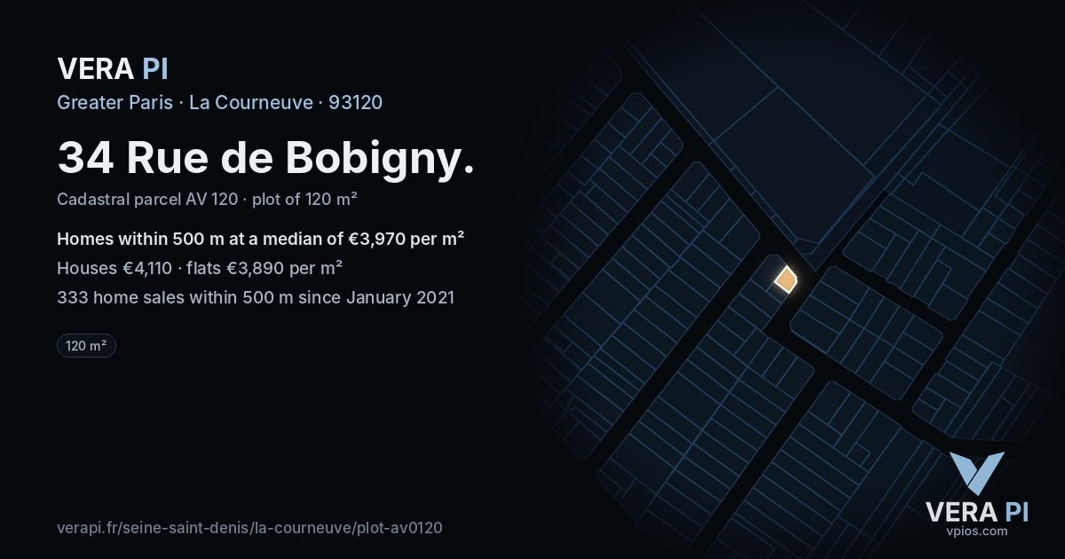 34 Rue de Bobigny, La Courneuve at night – the plot lit, the parcels around coloured by the prices near them