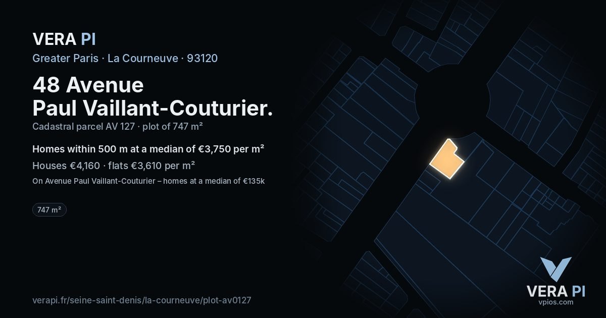 48 Avenue Paul Vaillant-Couturier, La Courneuve at night – the plot lit, the parcels around coloured by the prices near them