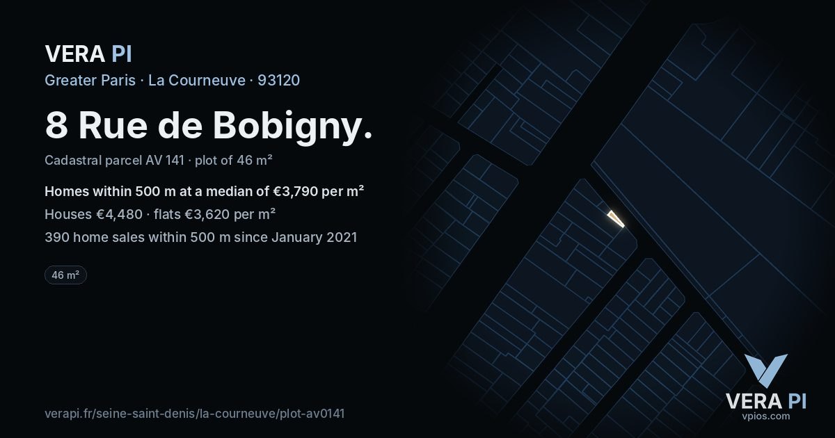 8 Rue de Bobigny, La Courneuve at night – the plot lit, the parcels around coloured by the prices near them