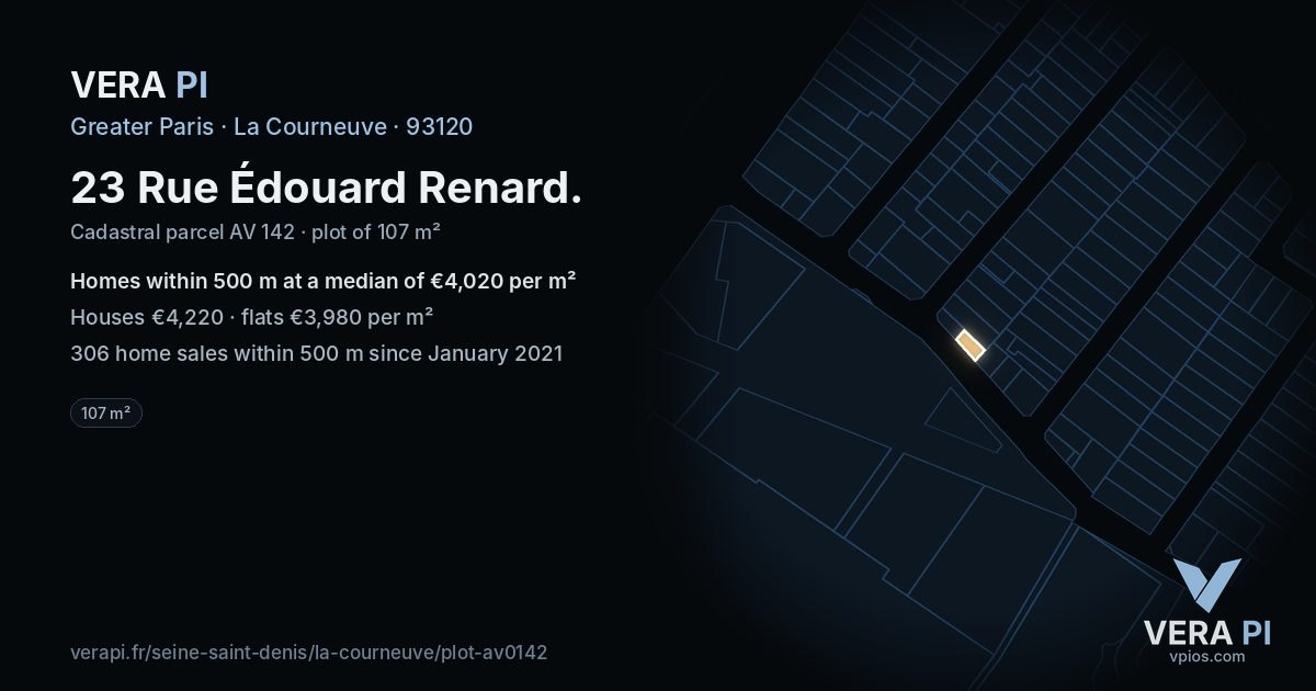23 Rue Édouard Renard, La Courneuve at night – the plot lit, the parcels around coloured by the prices near them