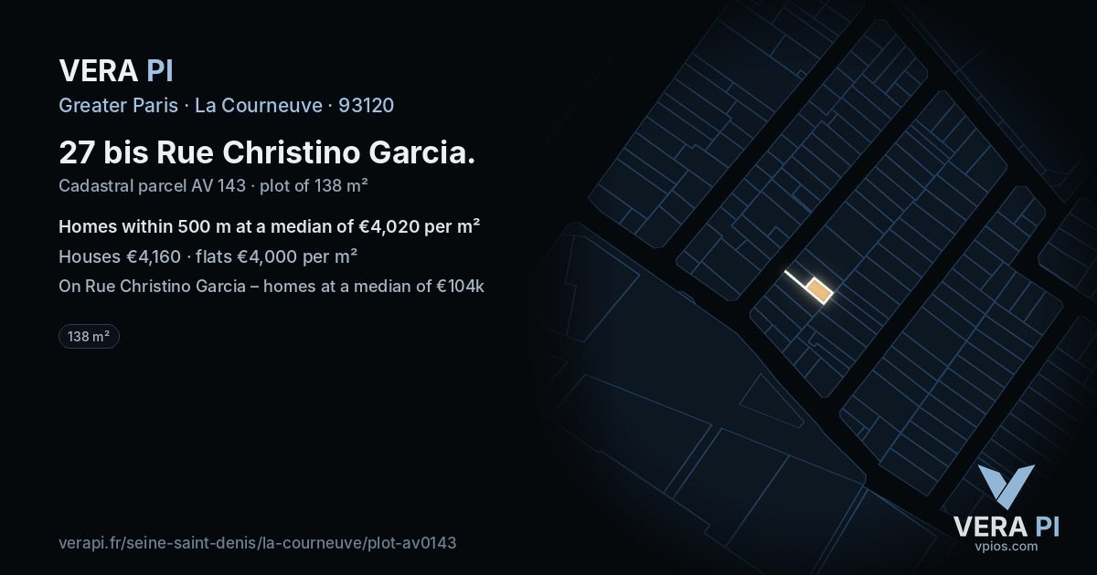 27 bis Rue Christino Garcia, La Courneuve at night – the plot lit, the parcels around coloured by the prices near them