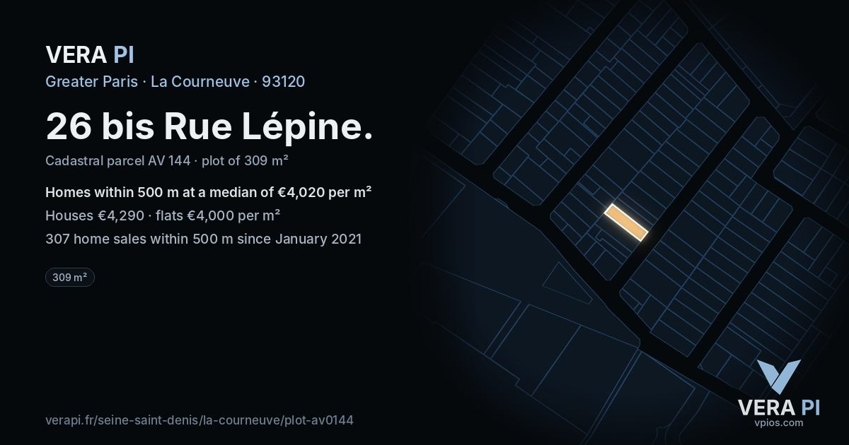 26 bis Rue Lépine, La Courneuve at night – the plot lit, the parcels around coloured by the prices near them