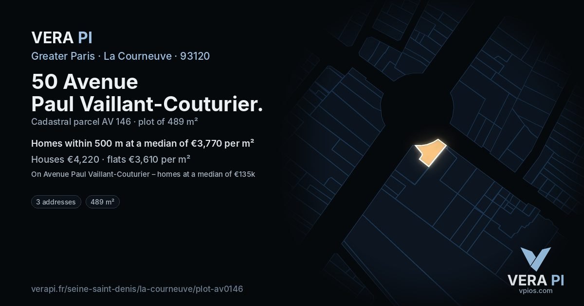 50 Avenue Paul Vaillant-Couturier, La Courneuve at night – the plot lit, the parcels around coloured by the prices near them