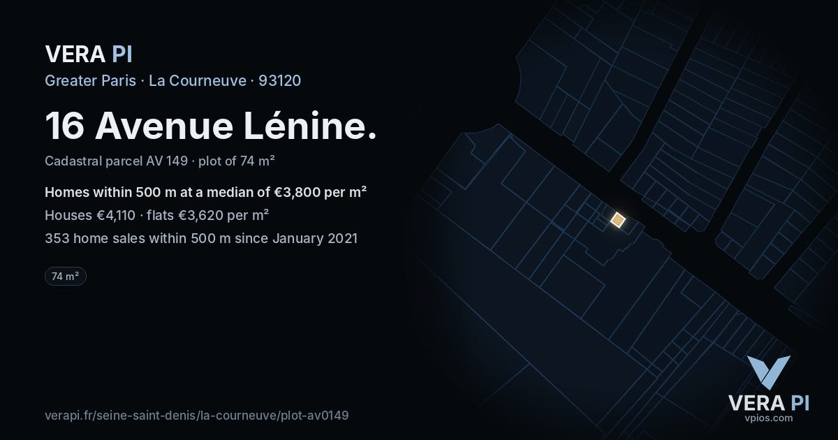 16 Avenue Lénine, La Courneuve at night – the plot lit, the parcels around coloured by the prices near them