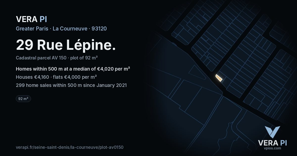 29 Rue Lépine, La Courneuve at night – the plot lit, the parcels around coloured by the prices near them
