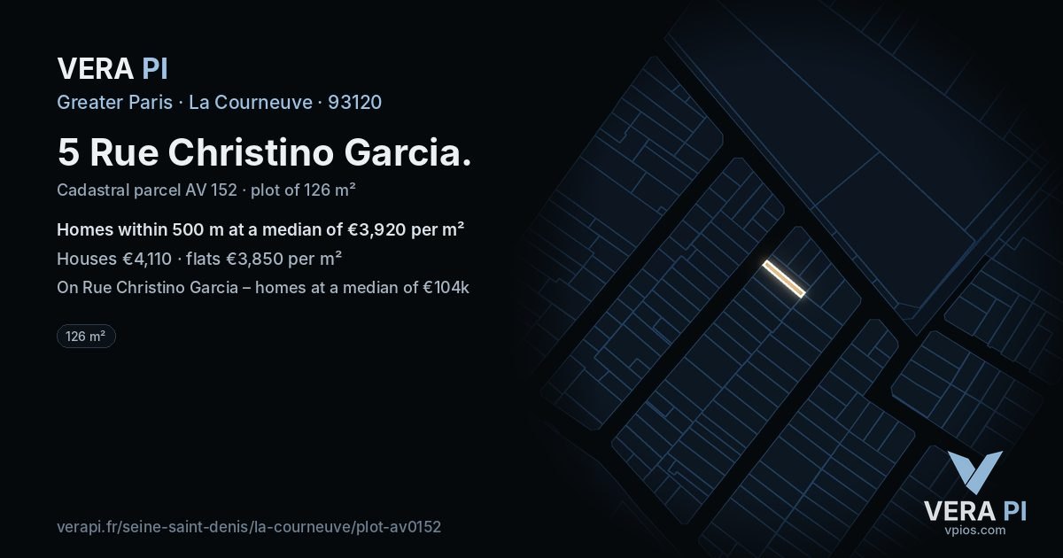 5 Rue Christino Garcia, La Courneuve at night – the plot lit, the parcels around coloured by the prices near them