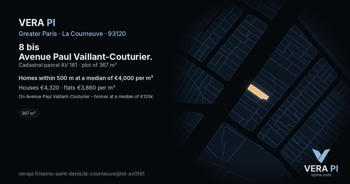8 bis Avenue Paul Vaillant-Couturier, La Courneuve at night – the plot lit, the parcels around coloured by the prices near them