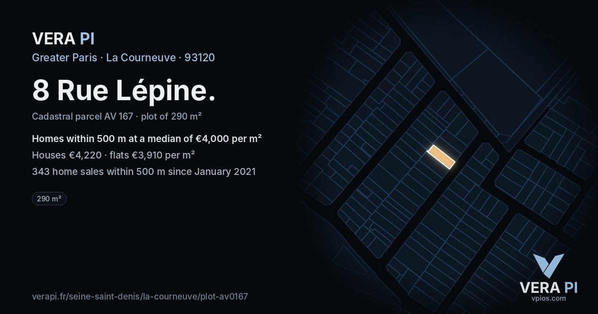 8 Rue Lépine, La Courneuve at night – the plot lit, the parcels around coloured by the prices near them