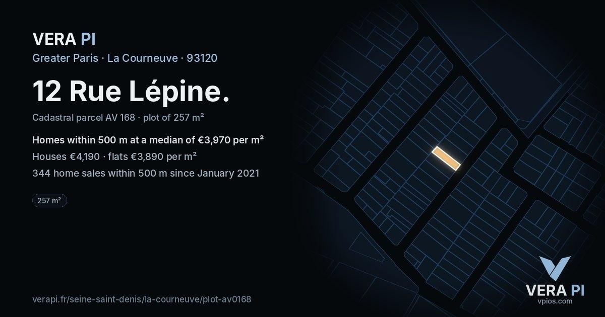 12 Rue Lépine, La Courneuve at night – the plot lit, the parcels around coloured by the prices near them