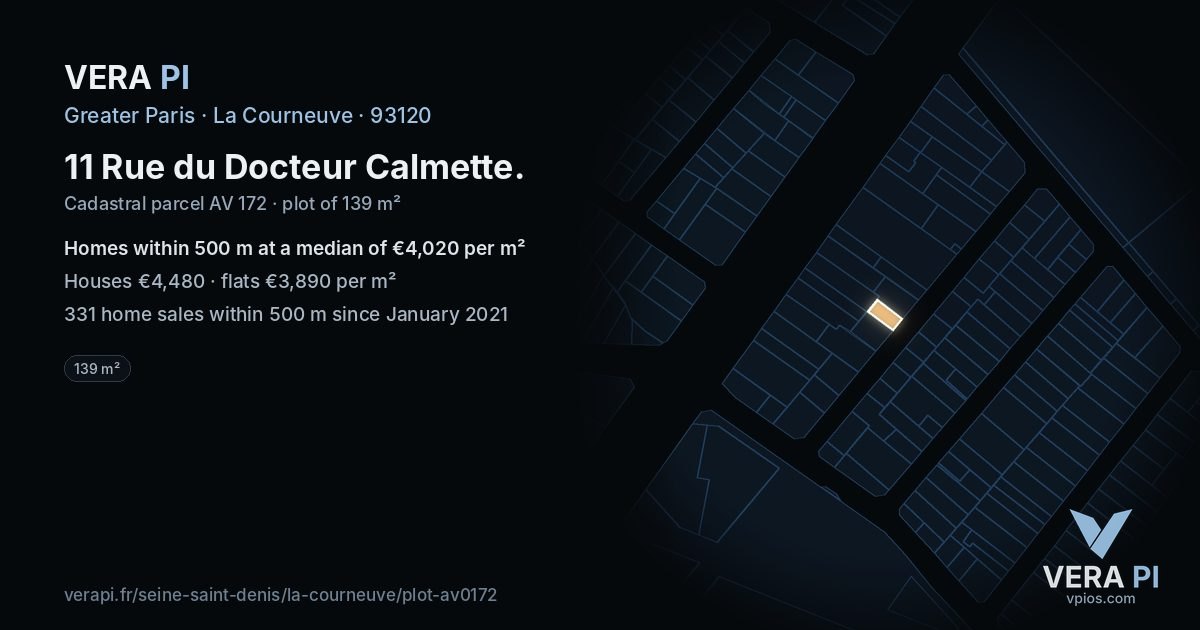 11 Rue du Docteur Calmette, La Courneuve at night – the plot lit, the parcels around coloured by the prices near them