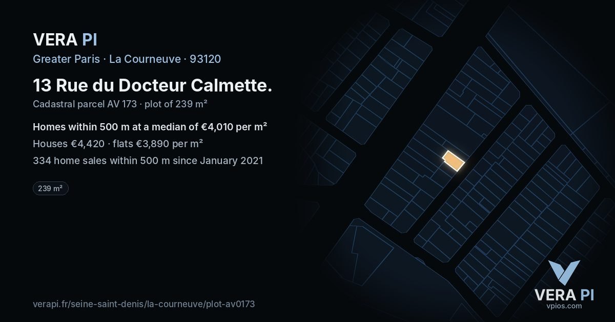 13 Rue du Docteur Calmette, La Courneuve at night – the plot lit, the parcels around coloured by the prices near them
