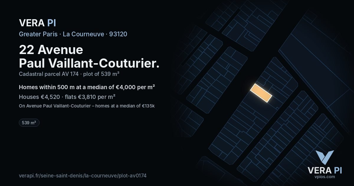 22 Avenue Paul Vaillant-Couturier, La Courneuve at night – the plot lit, the parcels around coloured by the prices near them