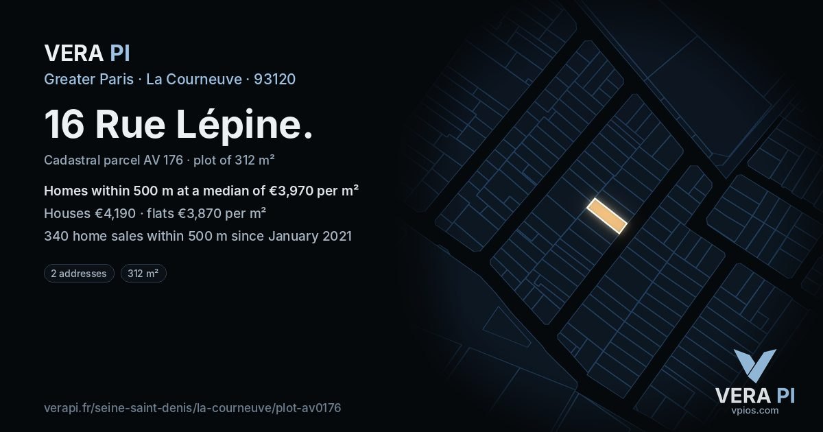 16 Rue Lépine, La Courneuve at night – the plot lit, the parcels around coloured by the prices near them
