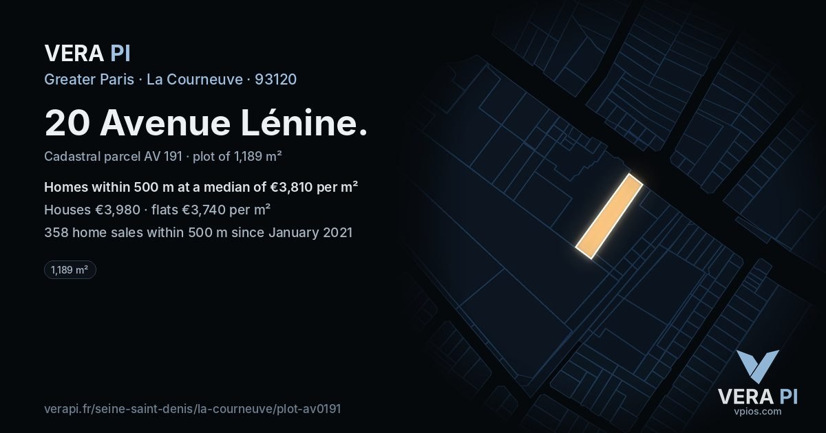 20 Avenue Lénine, La Courneuve at night – the plot lit, the parcels around coloured by the prices near them