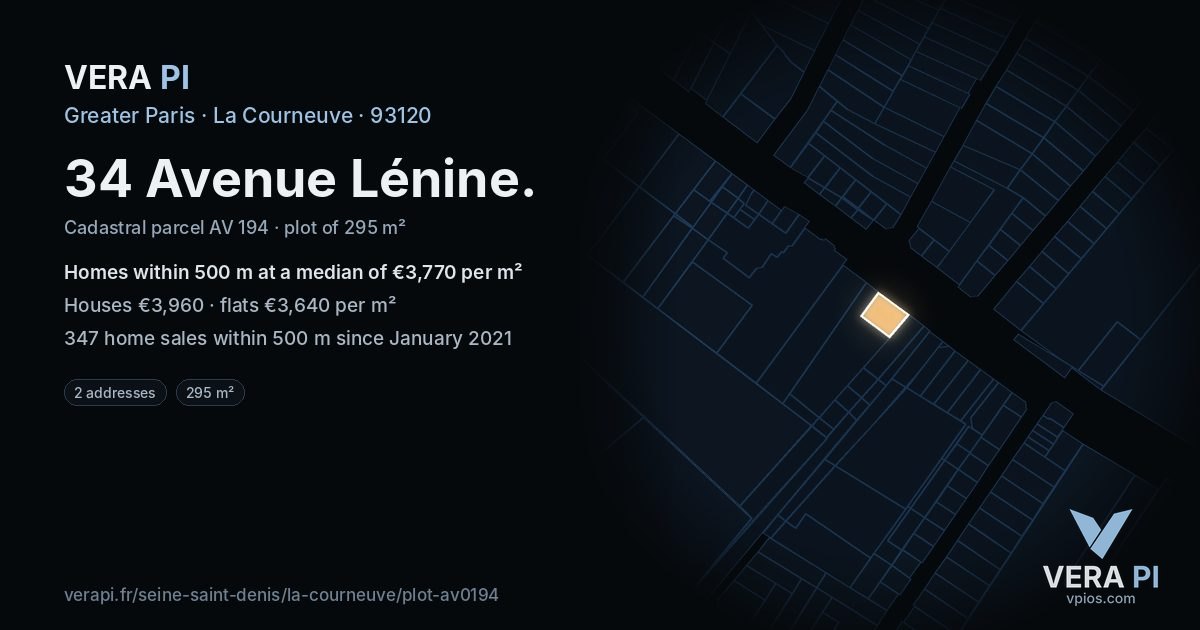 34 Avenue Lénine, La Courneuve at night – the plot lit, the parcels around coloured by the prices near them