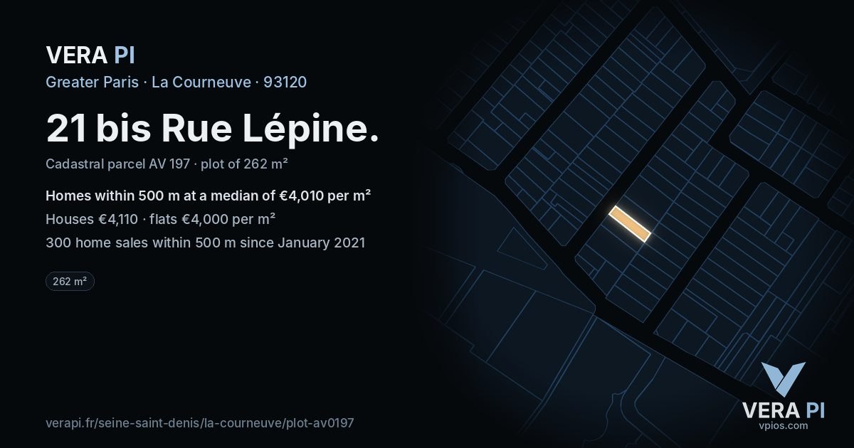 21 bis Rue Lépine, La Courneuve at night – the plot lit, the parcels around coloured by the prices near them