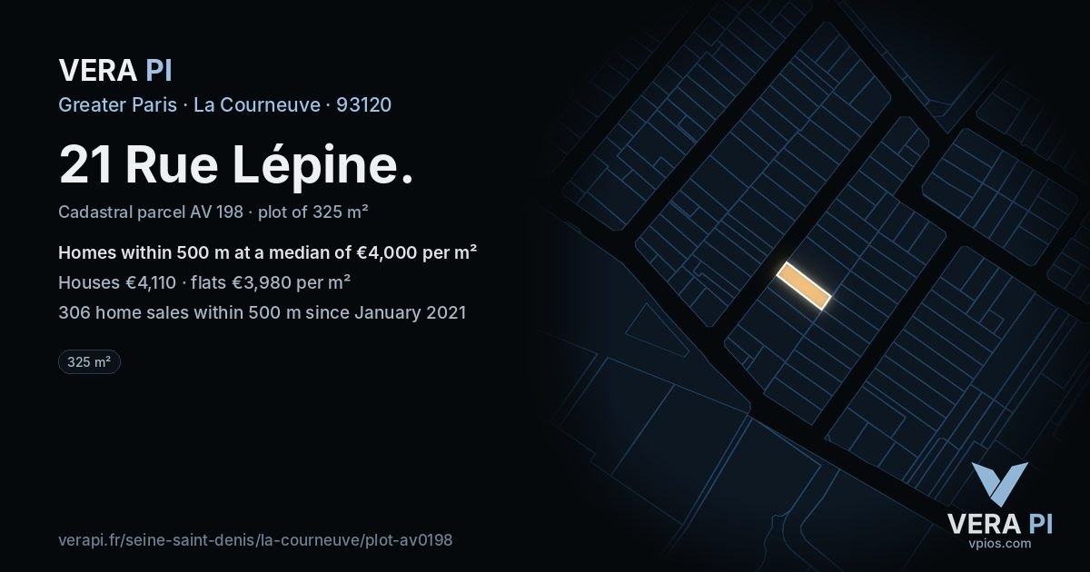 21 Rue Lépine, La Courneuve at night – the plot lit, the parcels around coloured by the prices near them