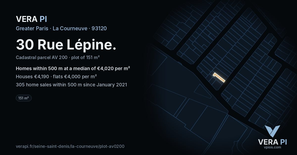 30 Rue Lépine, La Courneuve at night – the plot lit, the parcels around coloured by the prices near them
