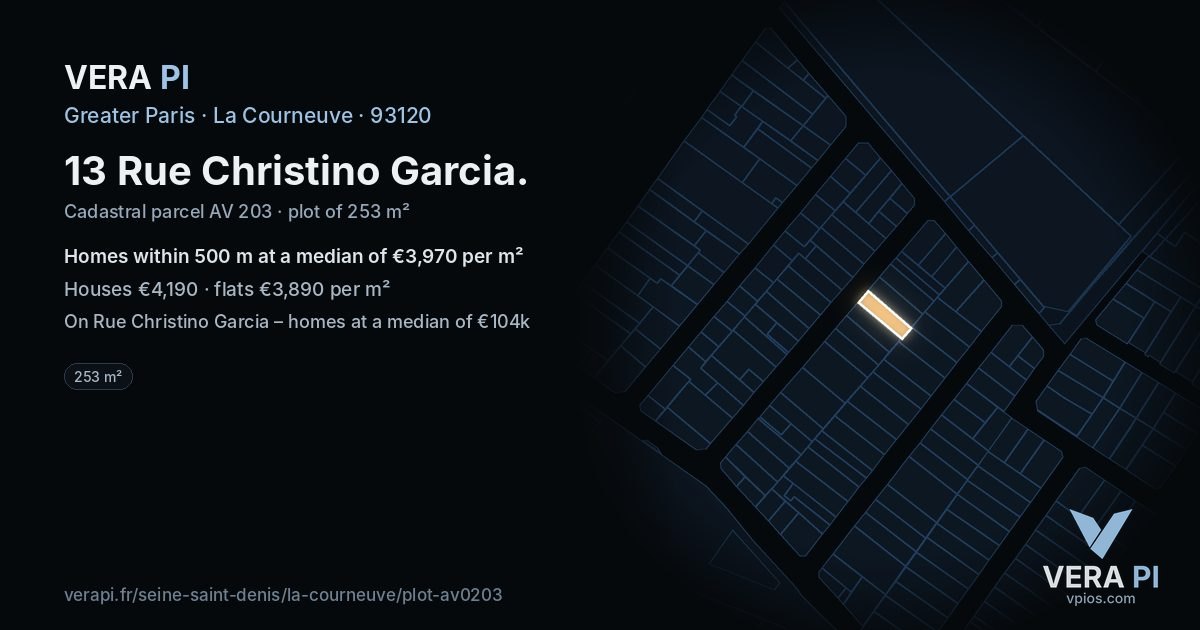 13 Rue Christino Garcia, La Courneuve at night – the plot lit, the parcels around coloured by the prices near them