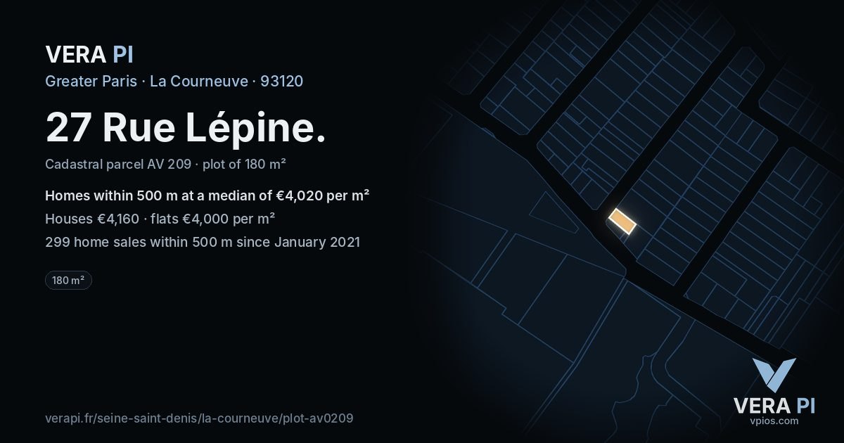 27 Rue Lépine, La Courneuve at night – the plot lit, the parcels around coloured by the prices near them