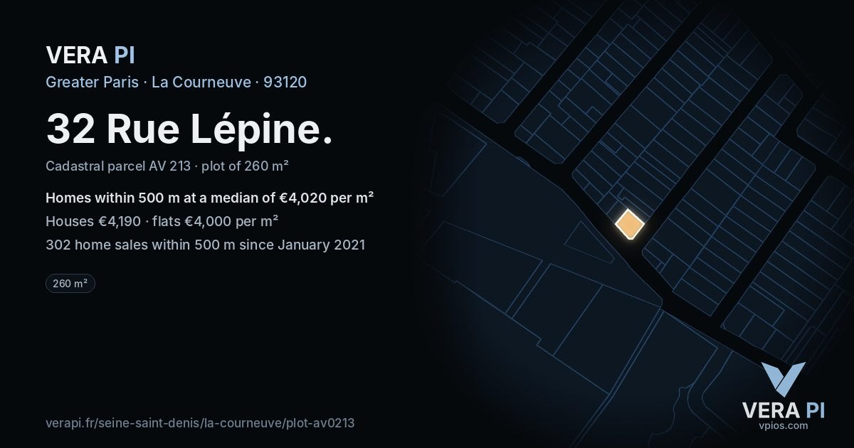32 Rue Lépine, La Courneuve at night – the plot lit, the parcels around coloured by the prices near them