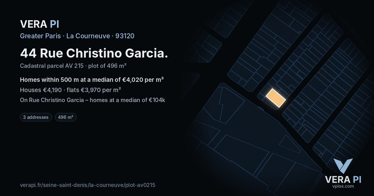 44 Rue Christino Garcia, La Courneuve at night – the plot lit, the parcels around coloured by the prices near them