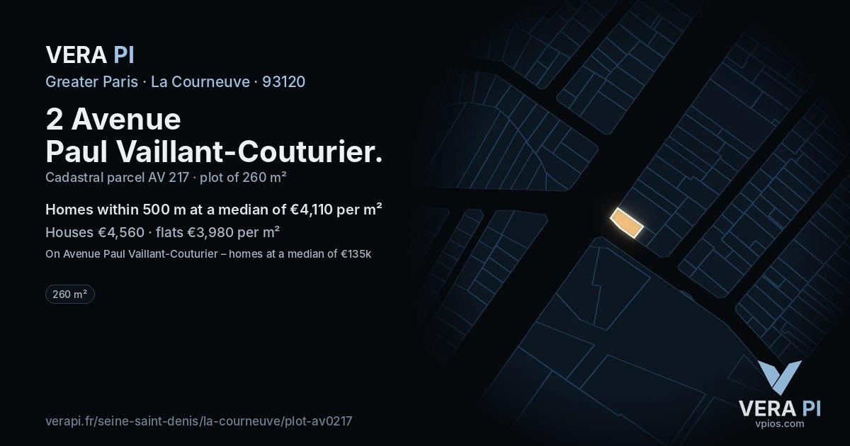 2 Avenue Paul Vaillant-Couturier, La Courneuve at night – the plot lit, the parcels around coloured by the prices near them