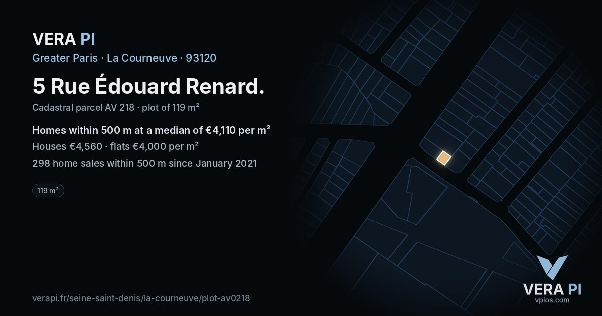 5 Rue Édouard Renard, La Courneuve at night – the plot lit, the parcels around coloured by the prices near them