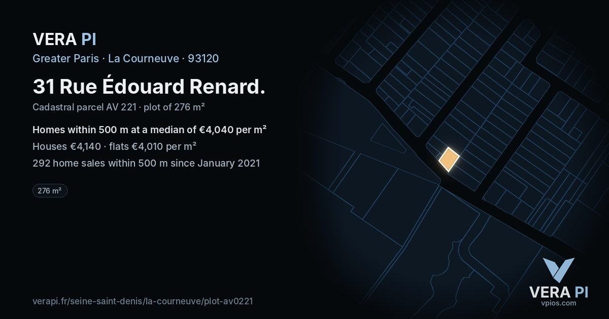 31 Rue Édouard Renard, La Courneuve at night – the plot lit, the parcels around coloured by the prices near them