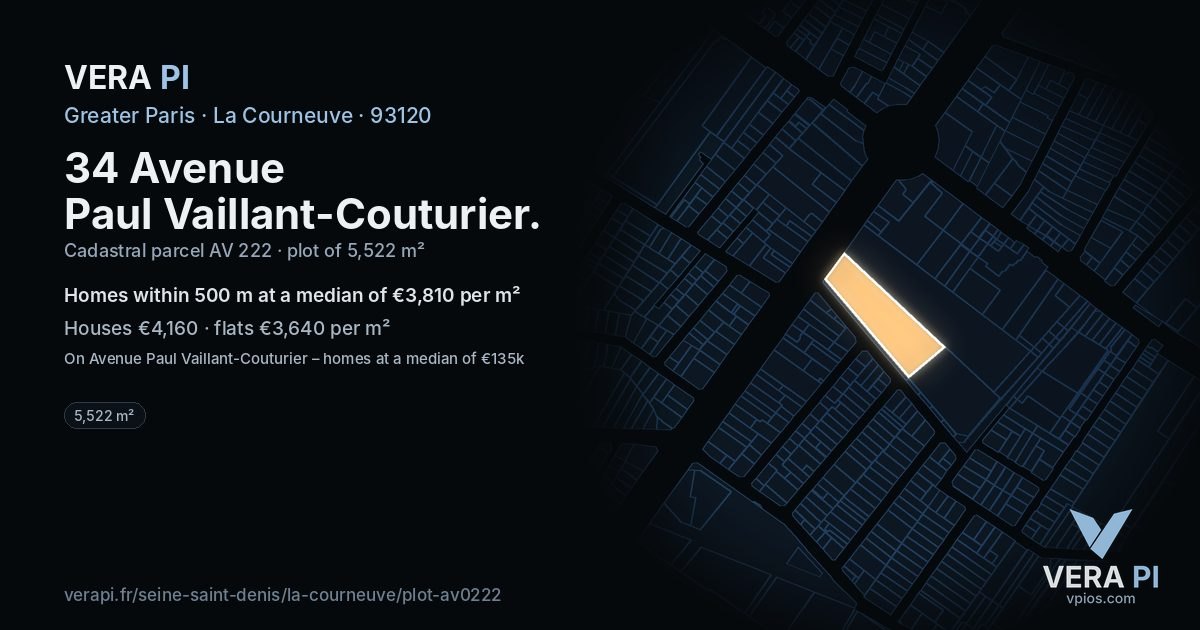 34 Avenue Paul Vaillant-Couturier, La Courneuve at night – the plot lit, the parcels around coloured by the prices near them