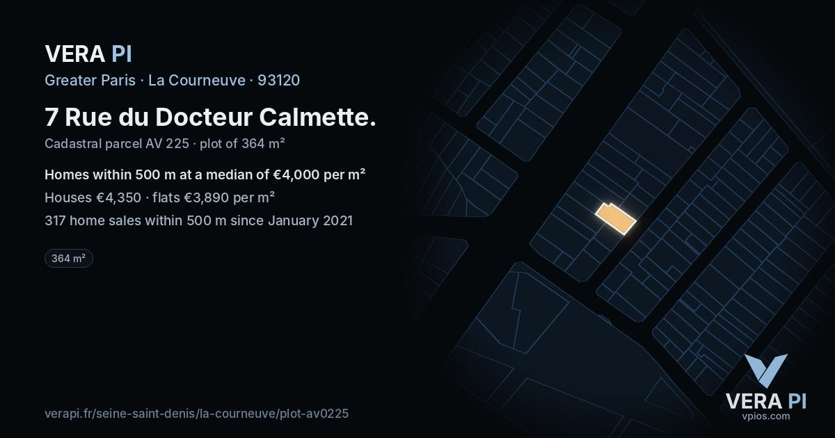 7 Rue du Docteur Calmette, La Courneuve at night – the plot lit, the parcels around coloured by the prices near them