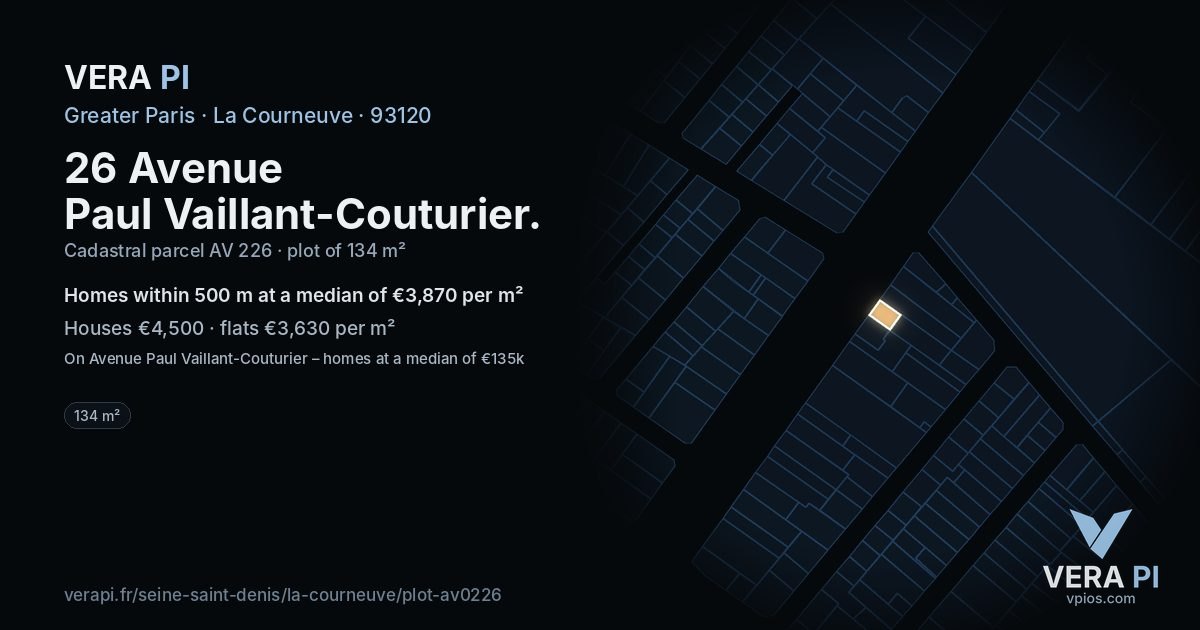 26 Avenue Paul Vaillant-Couturier, La Courneuve at night – the plot lit, the parcels around coloured by the prices near them