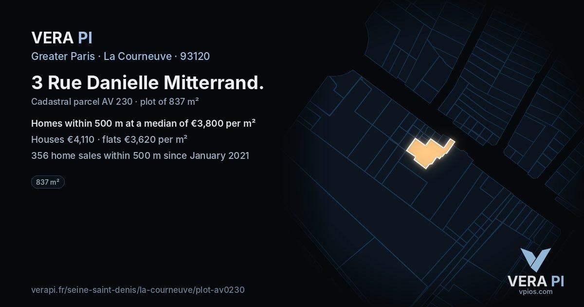 3 Rue Danielle Mitterrand, La Courneuve at night – the plot lit, the parcels around coloured by the prices near them