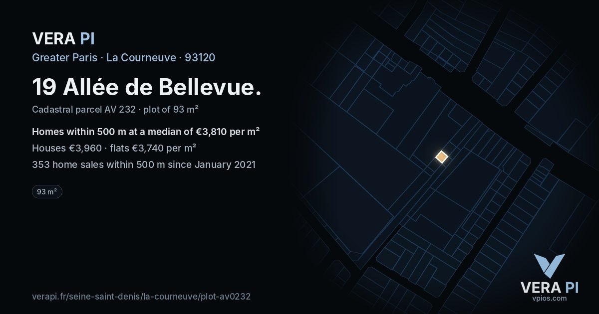 19 Allée de Bellevue, La Courneuve at night – the plot lit, the parcels around coloured by the prices near them