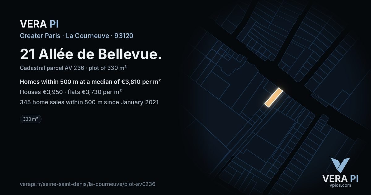 21 Allée de Bellevue, La Courneuve at night – the plot lit, the parcels around coloured by the prices near them