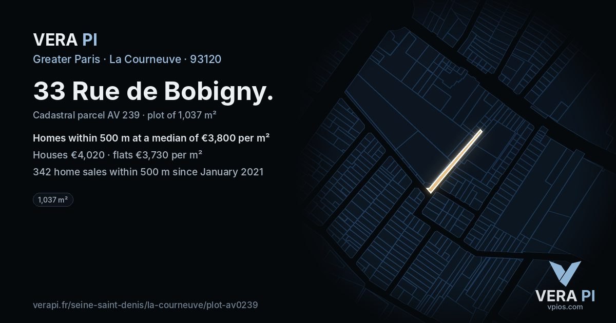 33 Rue de Bobigny, La Courneuve at night – the plot lit, the parcels around coloured by the prices near them