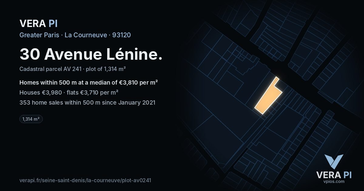 30 Avenue Lénine, La Courneuve at night – the plot lit, the parcels around coloured by the prices near them