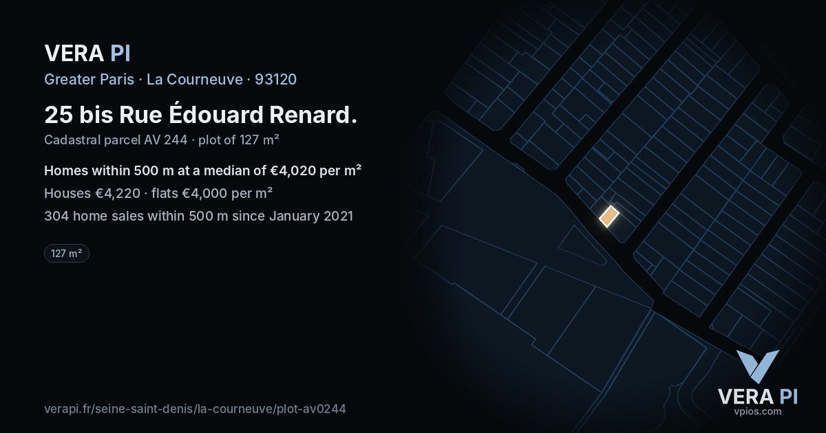 25 bis Rue Édouard Renard, La Courneuve at night – the plot lit, the parcels around coloured by the prices near them