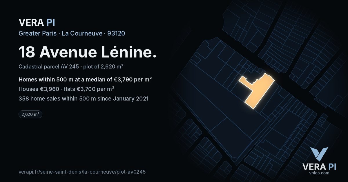 18 Avenue Lénine, La Courneuve at night – the plot lit, the parcels around coloured by the prices near them