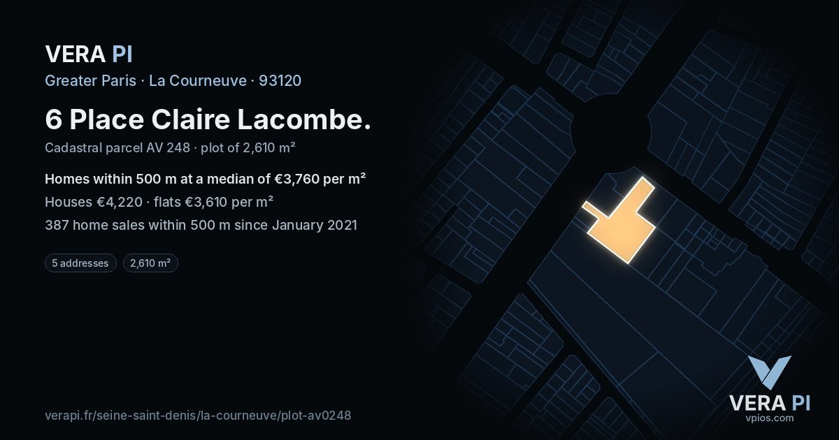 6 Place Claire Lacombe, La Courneuve at night – the plot lit, the parcels around coloured by the prices near them