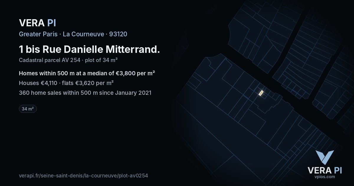 1 bis Rue Danielle Mitterrand, La Courneuve at night – the plot lit, the parcels around coloured by the prices near them