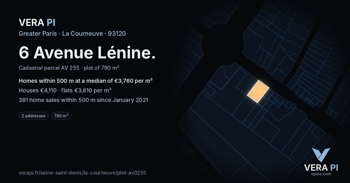 6 Avenue Lénine, La Courneuve at night – the plot lit, the parcels around coloured by the prices near them
