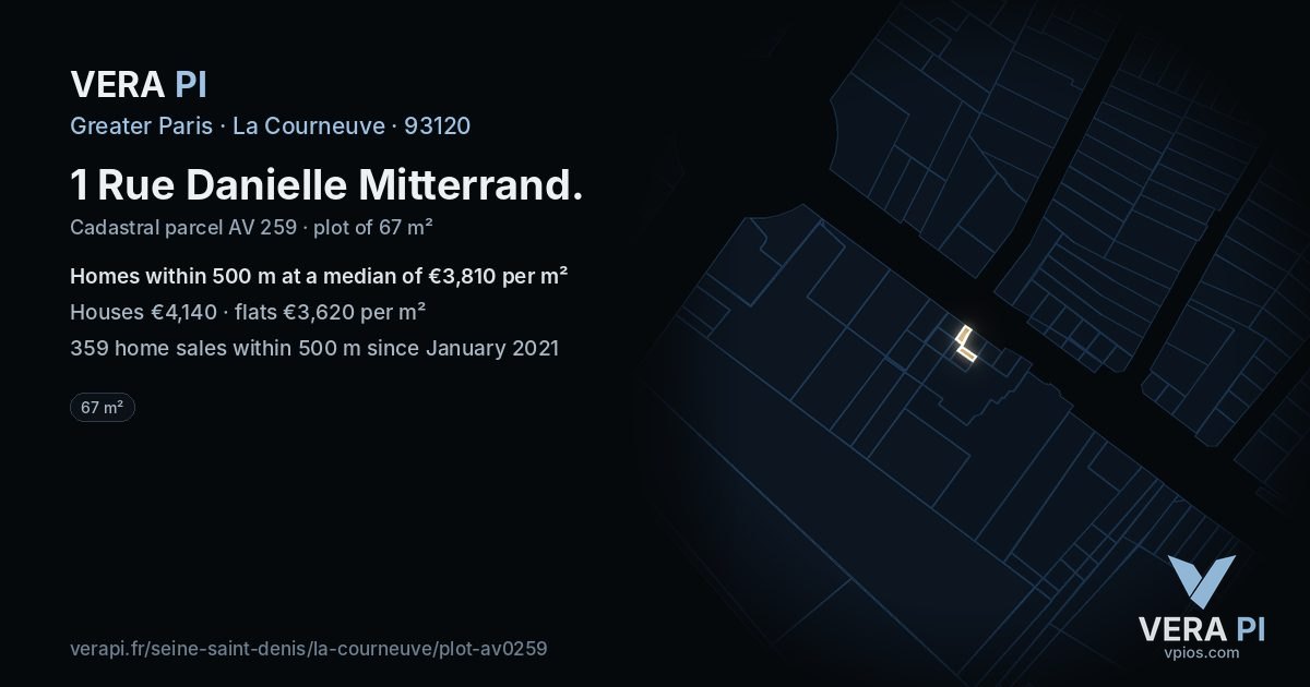 1 Rue Danielle Mitterrand, La Courneuve at night – the plot lit, the parcels around coloured by the prices near them