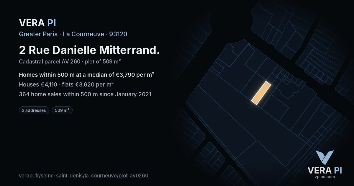 2 Rue Danielle Mitterrand, La Courneuve at night – the plot lit, the parcels around coloured by the prices near them