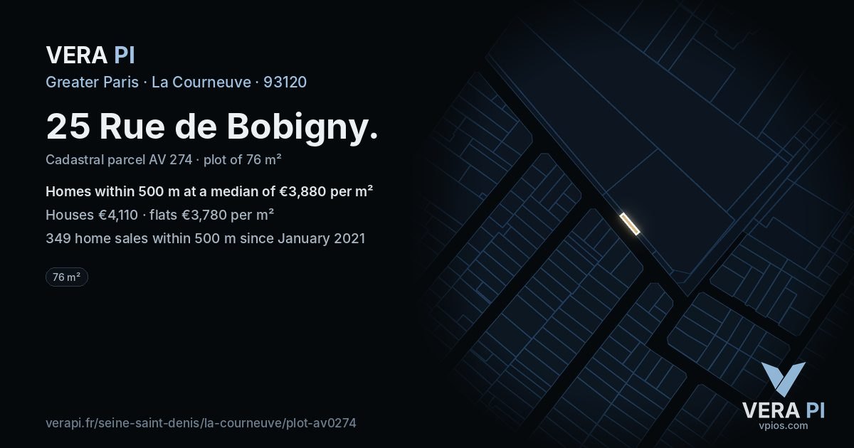 25 Rue de Bobigny, La Courneuve at night – the plot lit, the parcels around coloured by the prices near them